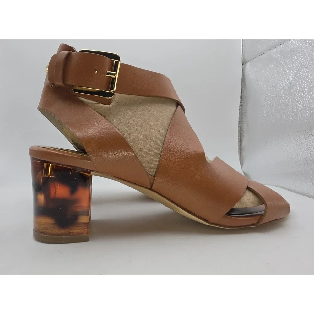MICHAEL Michael Kors Maribella Luggage Brown Leather Sandals Tortoise Heel Sz 10